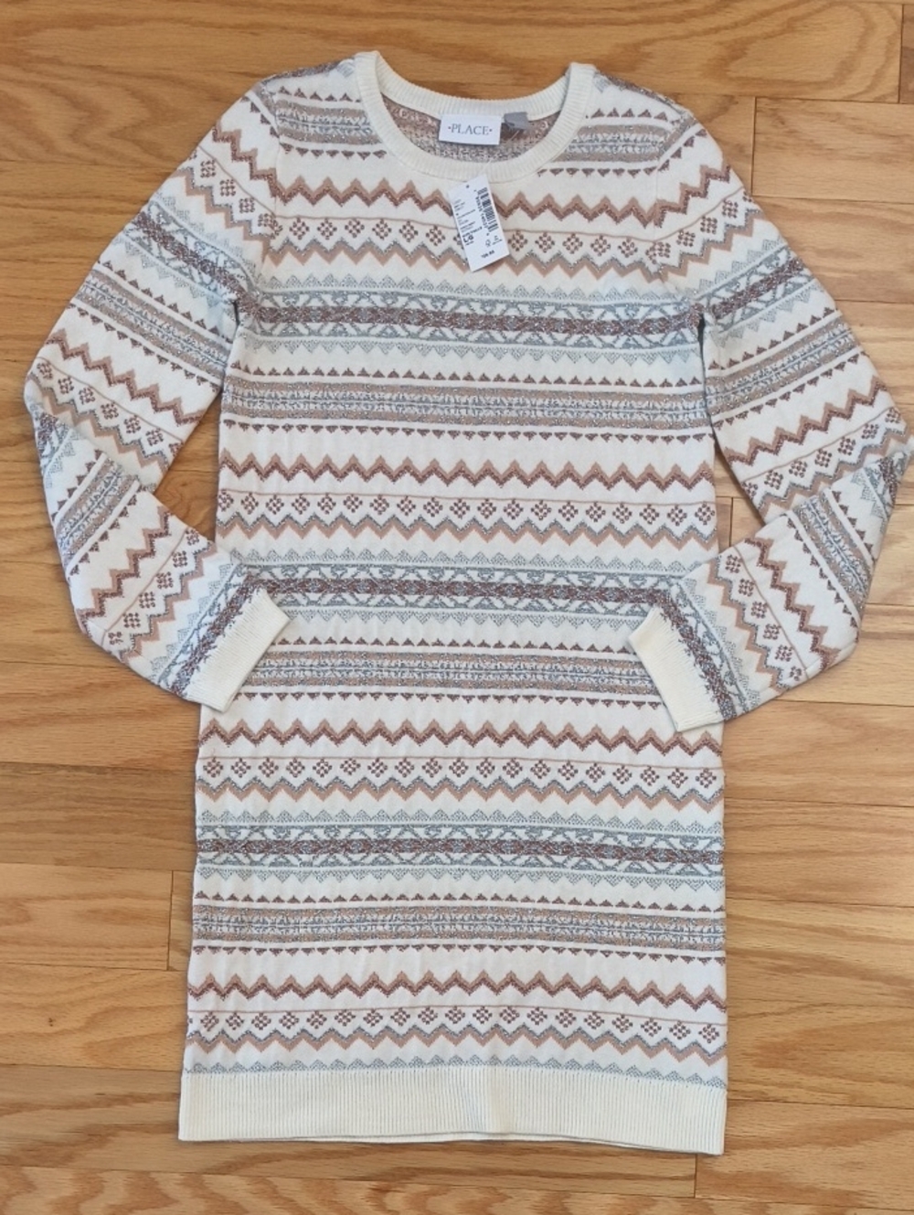 The Children's Place Cream, Brown & Gray Fair Isle Knit Dress Size L 10/12 NWT